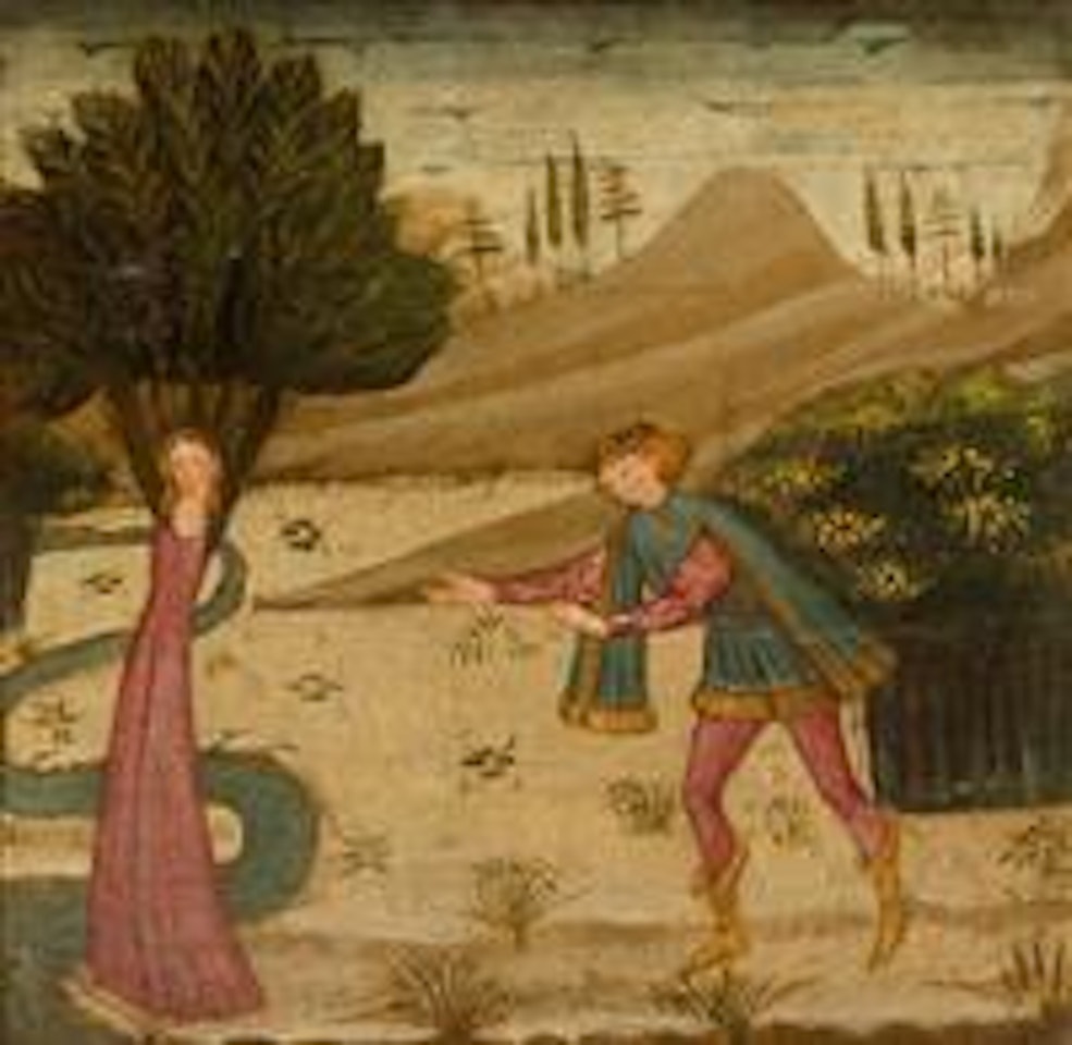 Lateral panel from a cassone, with a scene from Ovid's Metamorphoses: Apollo and Daphne by Florentine School