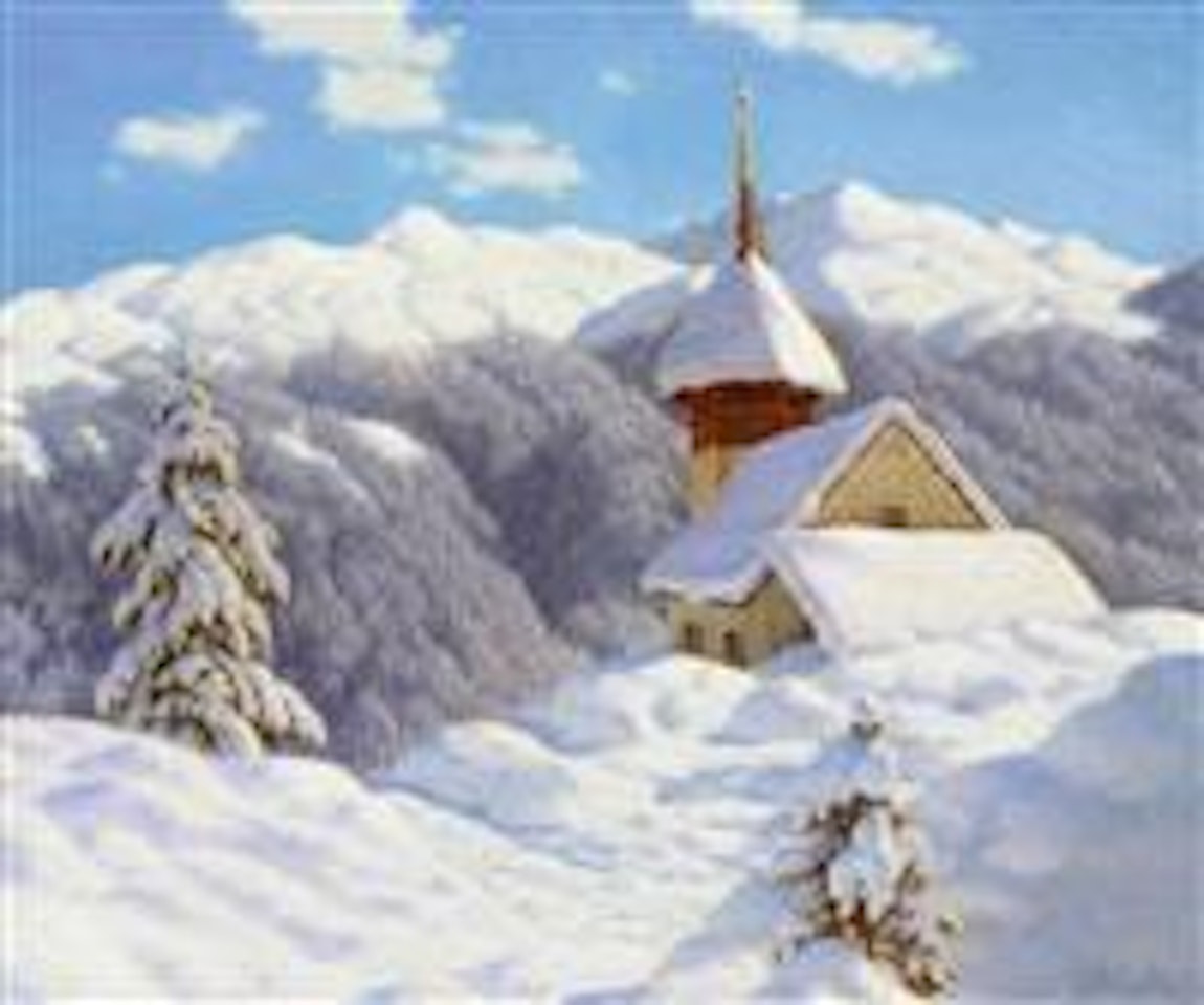 A snowy winter landscape with a small church, probably in the Sertig Valley by Ivan Fedorovich Choultse