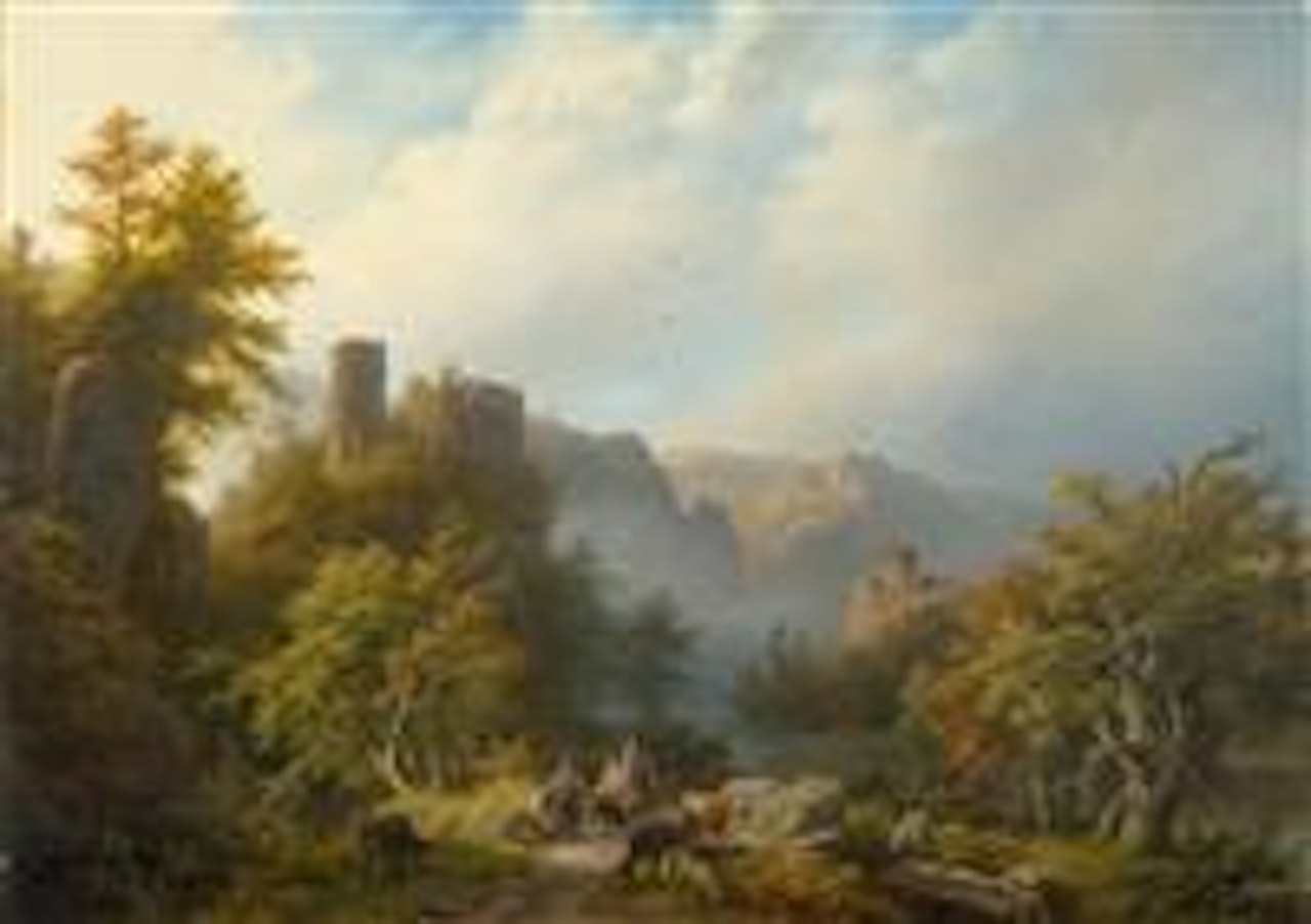 Mountainous river landscape at dawn, with castle ruins and travellers by Barend Cornelis Koekkoek