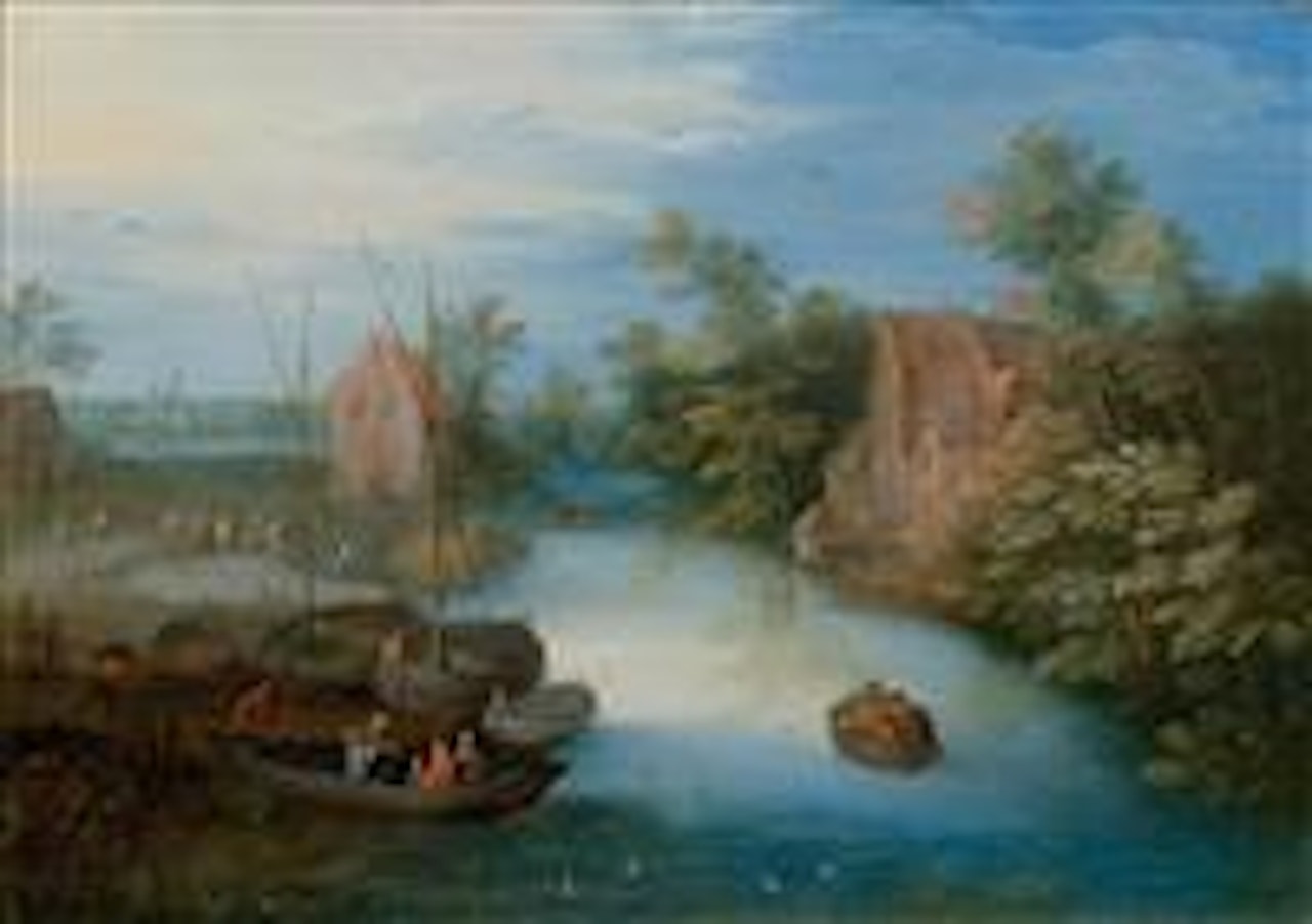 A river landscape with ferry boat and figures by Jan Brueghel the Younger