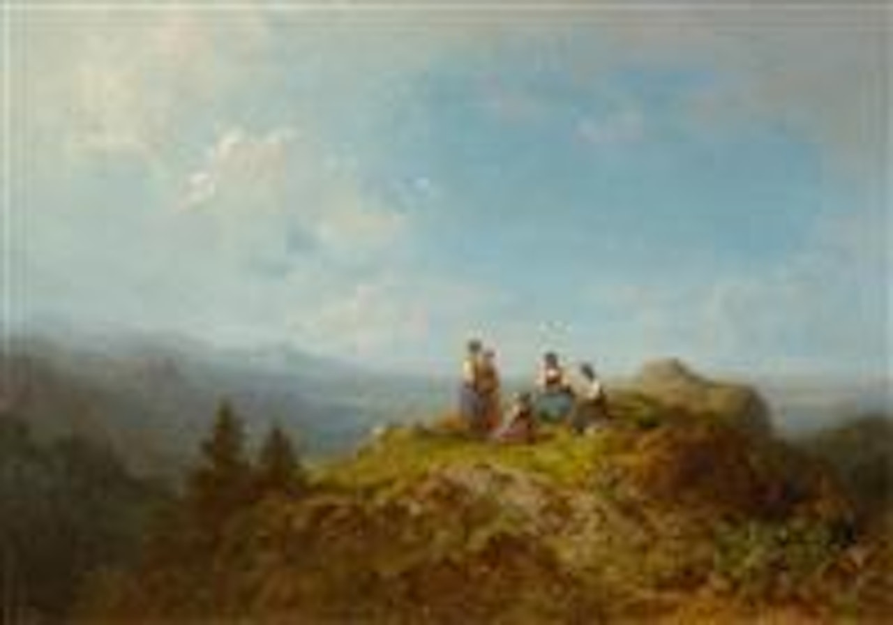 Five girls in traditional costume in an Alpine pasture by Carl Spitzweg