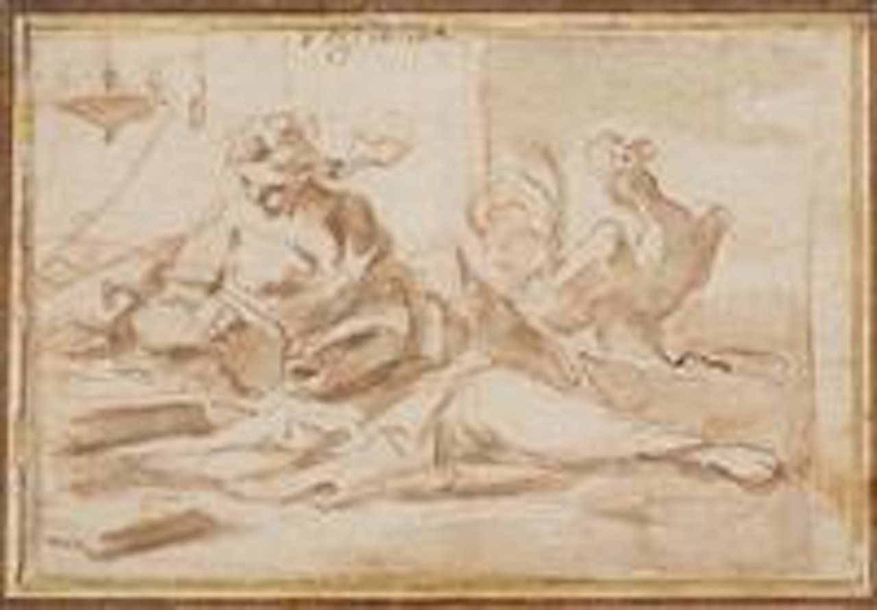 A reclining woman reading with a rooster by Gaspare Diziani