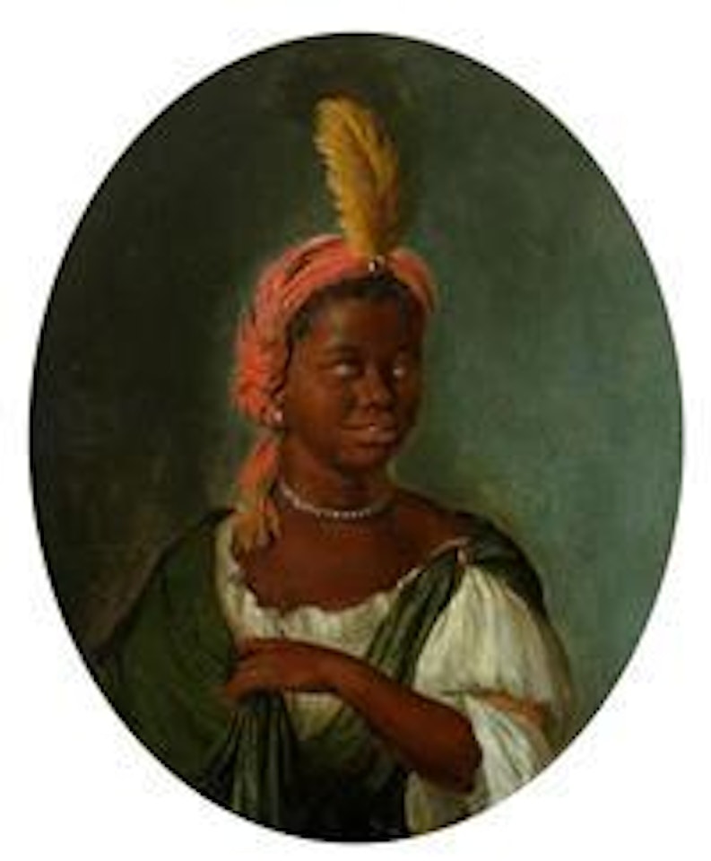 Portrait of a young African woman with pearl necklace and feather turban by Willem van Mieris