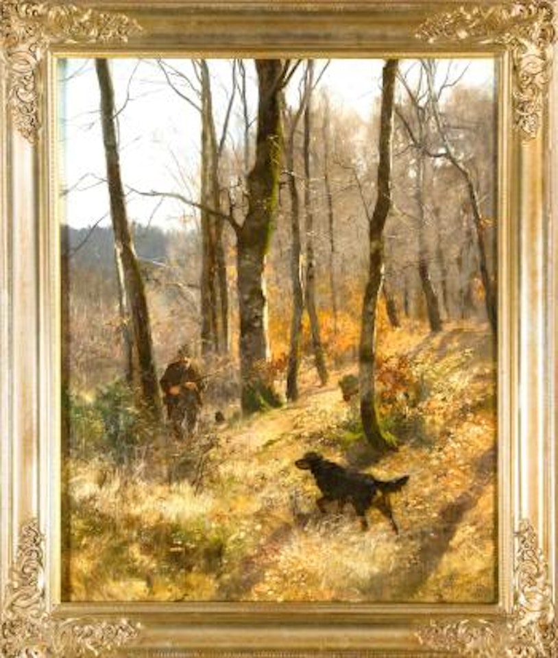 Jäger mit Jagdhund in einem herbstlichen Waldstück by Josef Schmitzberger