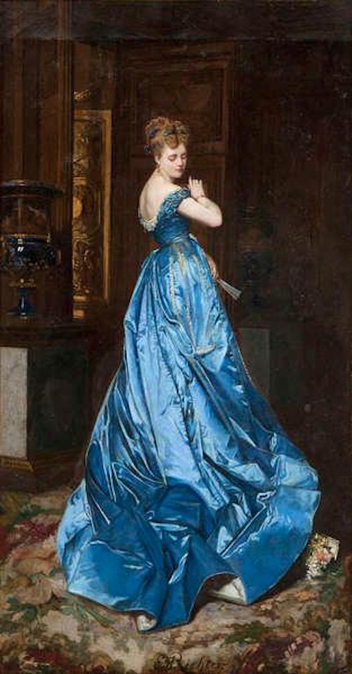 Interior with woman in a blue dress looking backwards by Edouard Frederic W. Richter