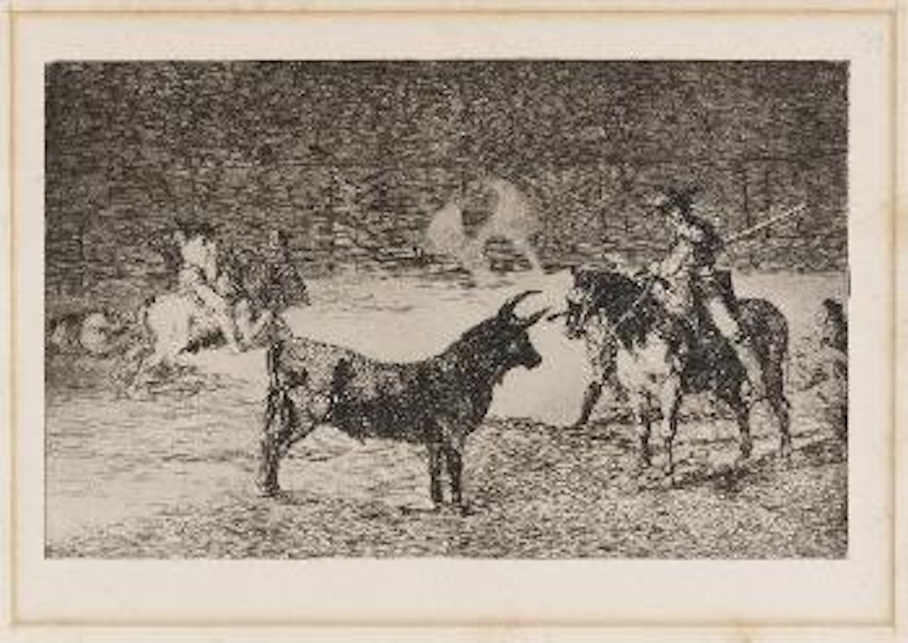 El célebre Fernando del Toro, Barilarguero, obligan- do á la fiera con su Garrocha by Francisco José de Goya