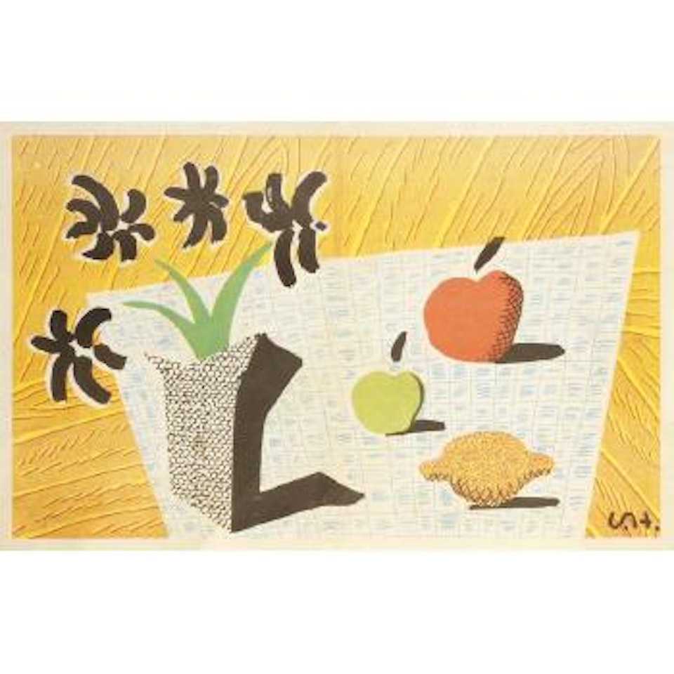 Two Apples, One Lemon and Four Flowers by David Hockney