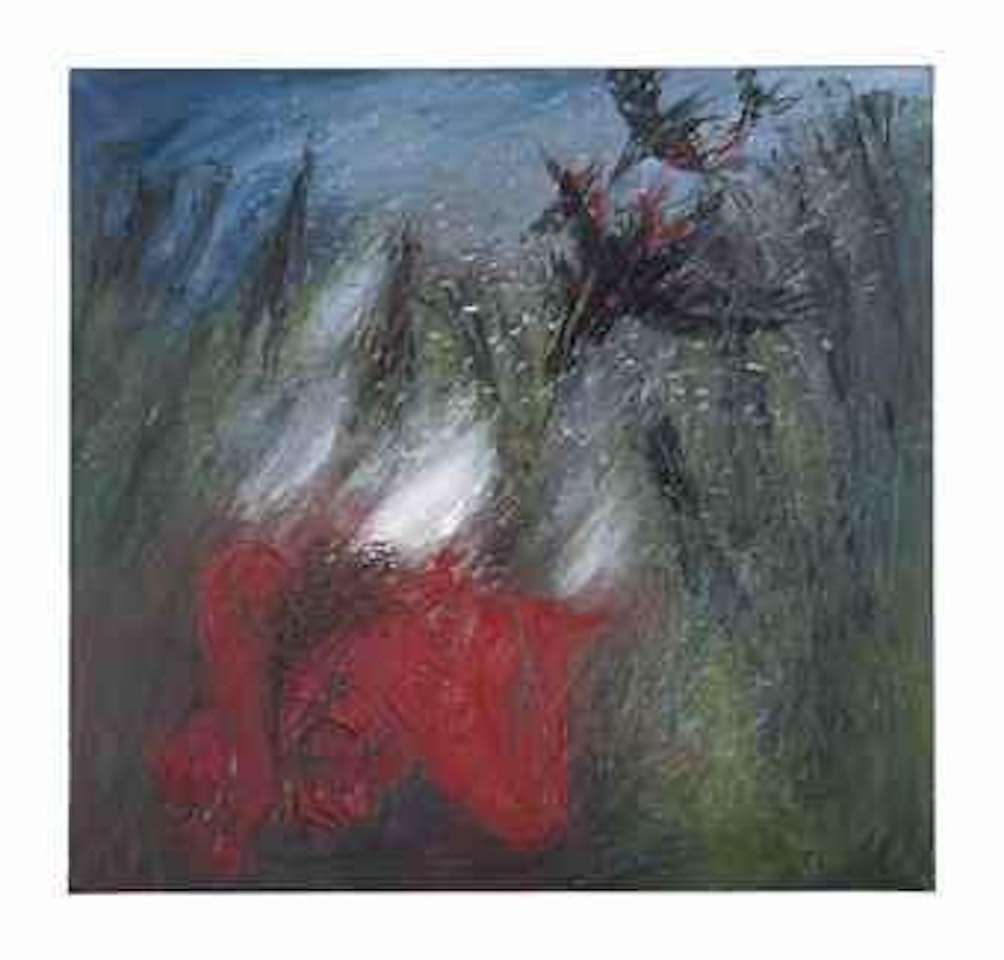 Red Nebuchadnezzar on fire fallen in a forest with black birds by Arthur Merric Bloomfield Boyd