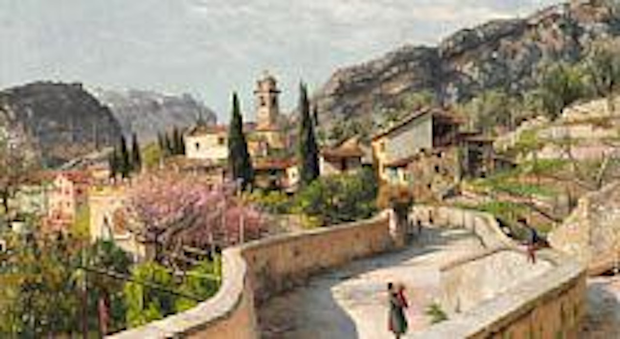 Spring day with fruit trees in bloom in Torbole at Lake Garda by Peder Mork Monsted