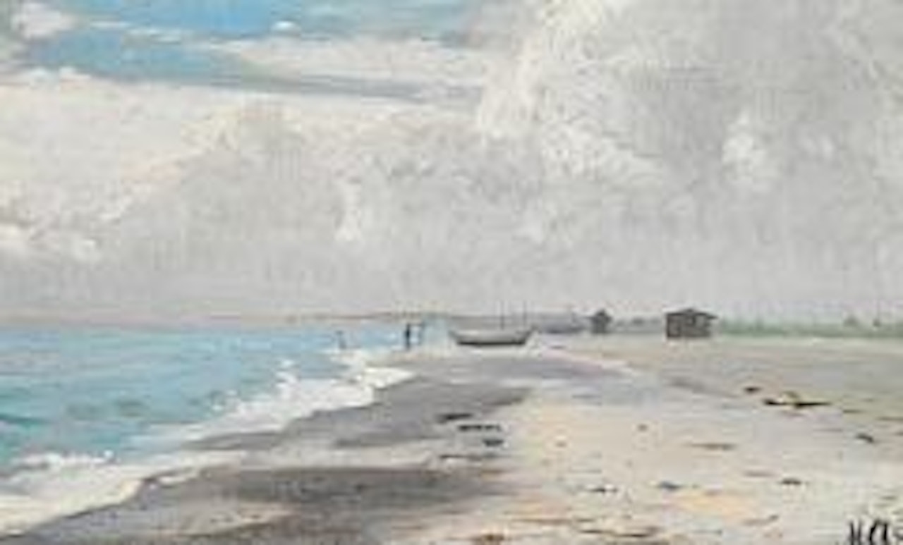 Skagen beach with bathing children and boats by Michael Ancher