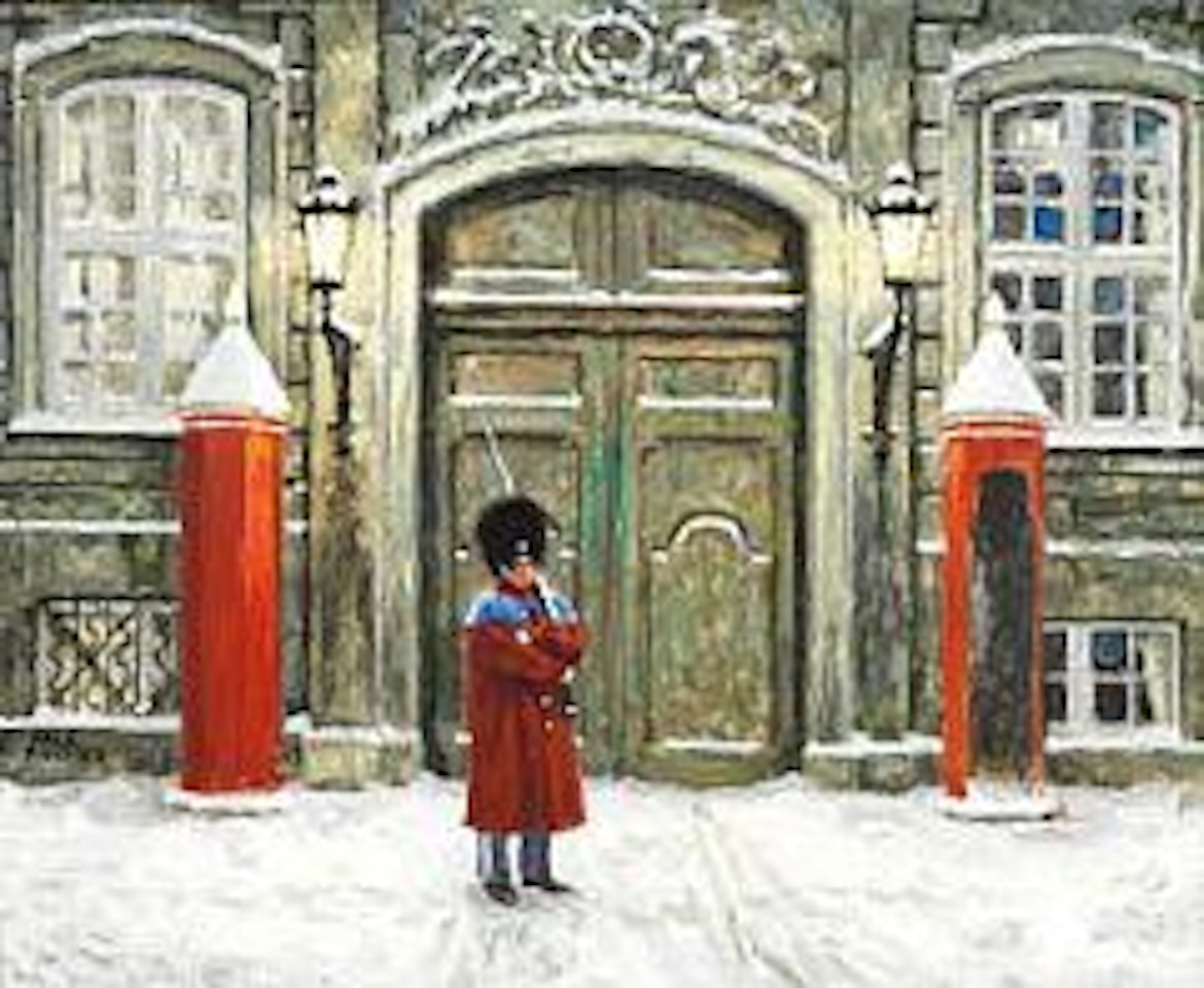 A royal guard keeps watch at Amalienborg Palace Square in winter time by Paul Fischer
