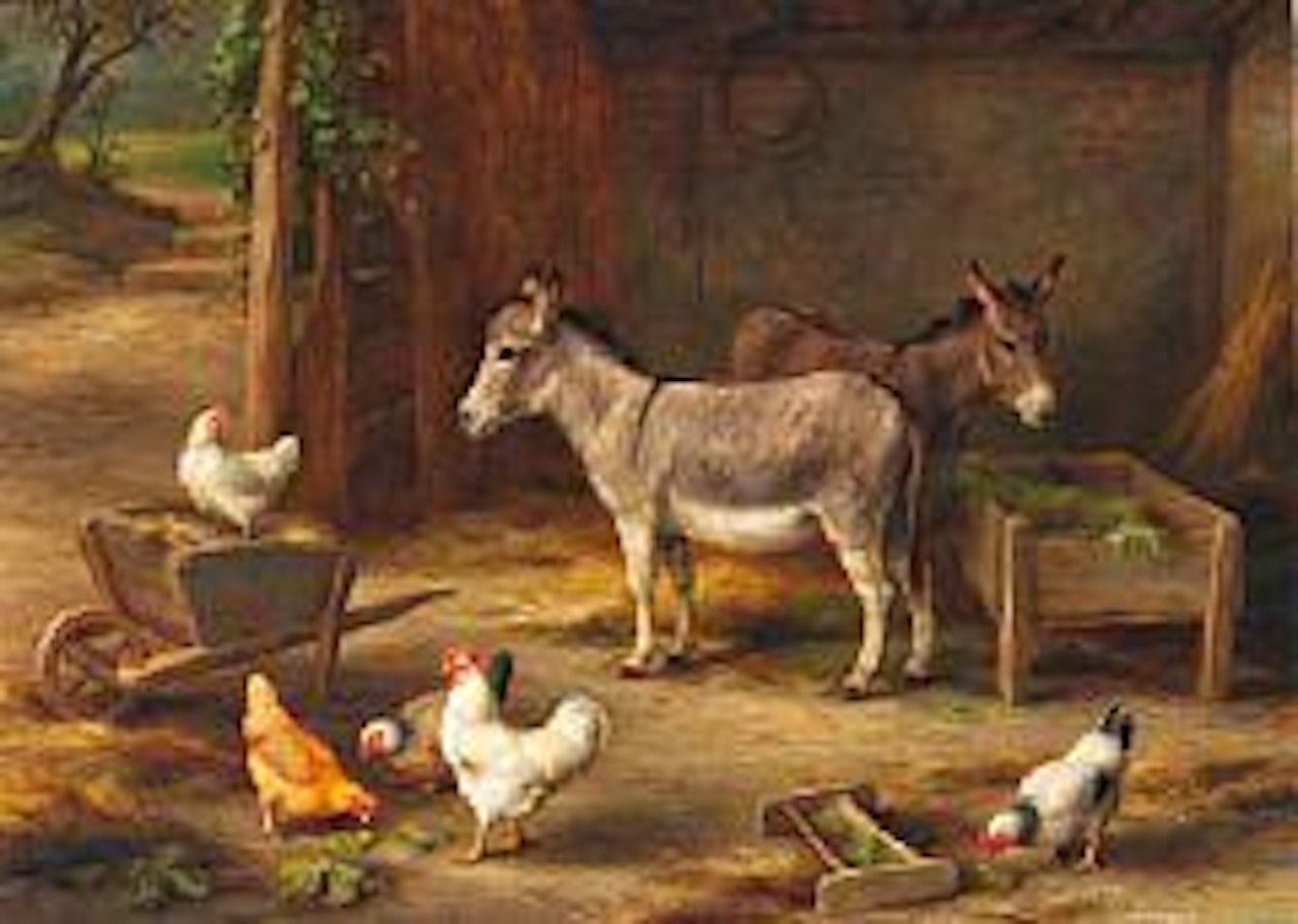 Donkeys and chickens in a barn by Edgar Hunt