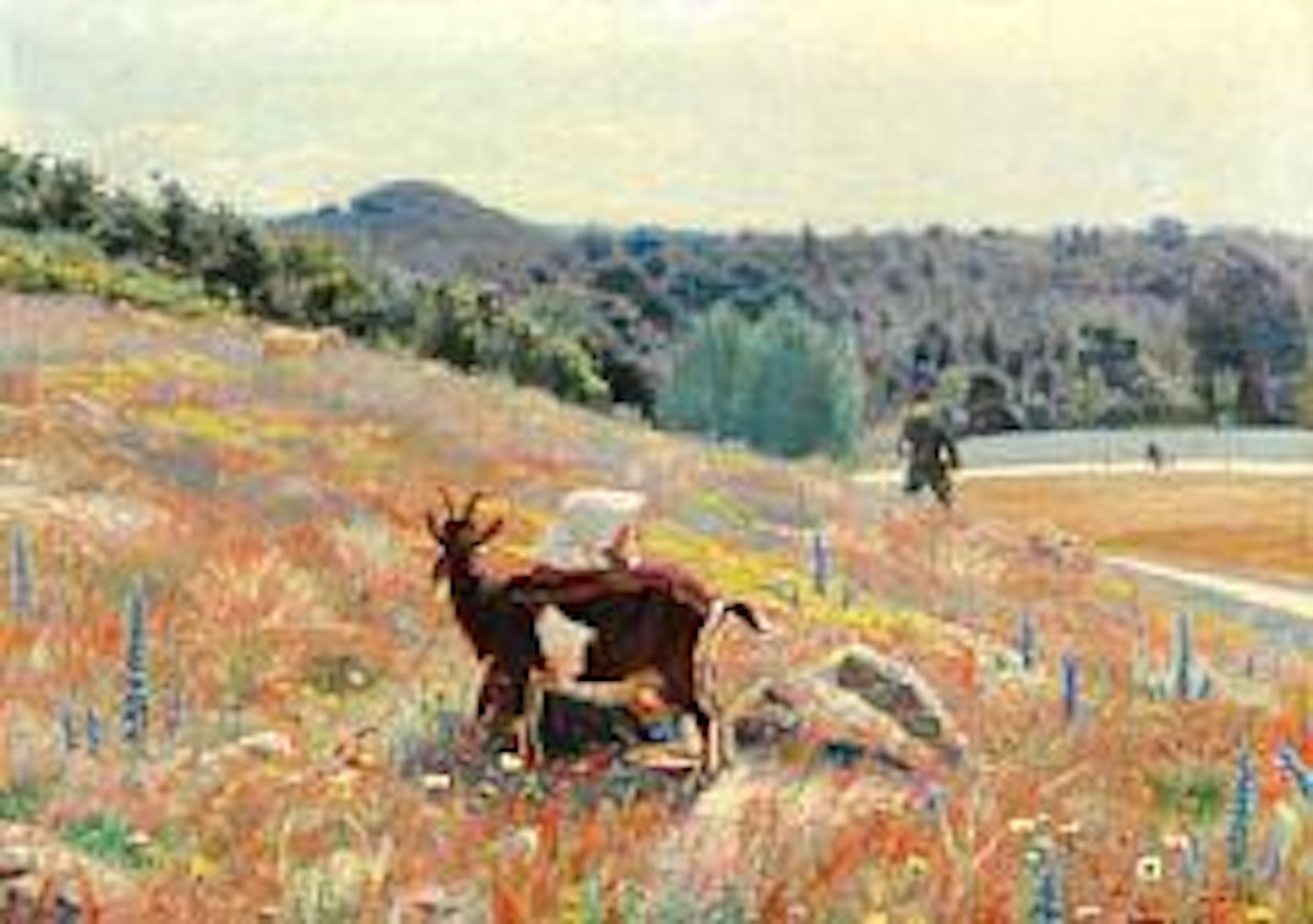 Summer landscape with a young maid milking a goat in the background a soldier arriving by Hans Andersen Brendekilde