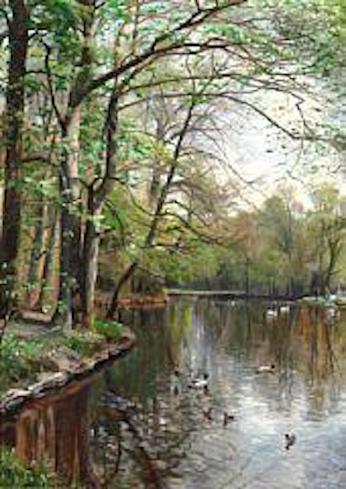Spring day in Frederiksberg Have (garden), ducks and swans being fed by Peder Mork Monsted