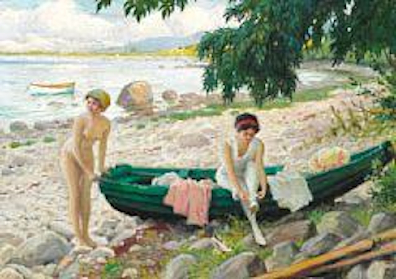 På Stranden.  On the beach.  Two young girls are getting dressed after a swim. by Paul Fischer