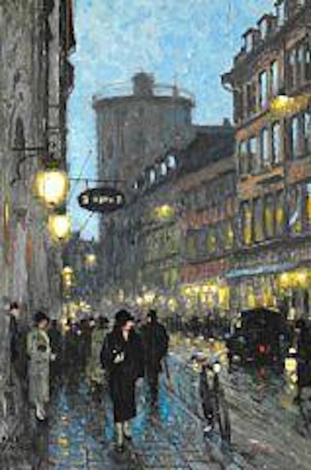 At dusk in Købmagergade in Copenhagen with Rundetårn in the background by Paul Fischer