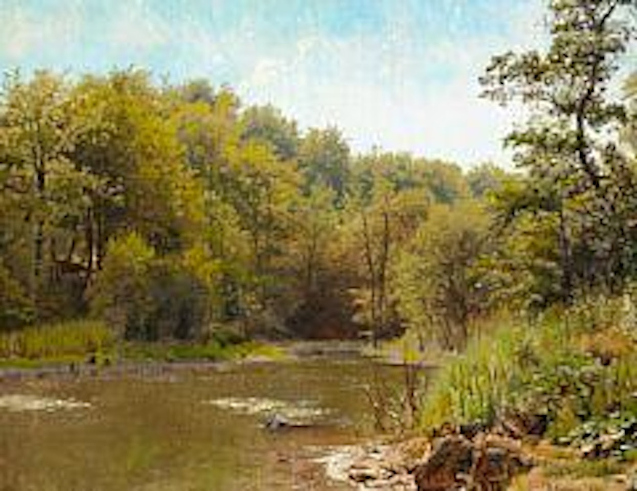 Summer day at a stream in the woods, sunshine by Peder Mork Monsted