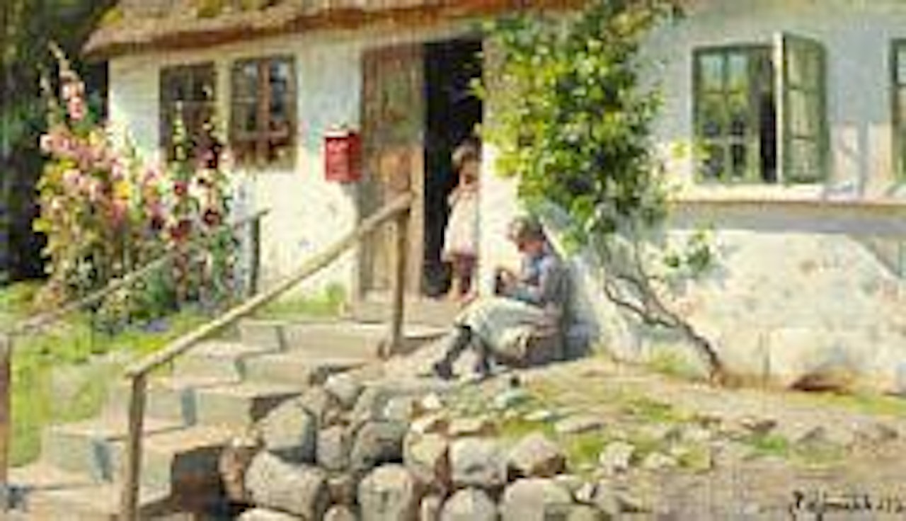 Two little girls in front of a thatched house by Peder Mork Monsted