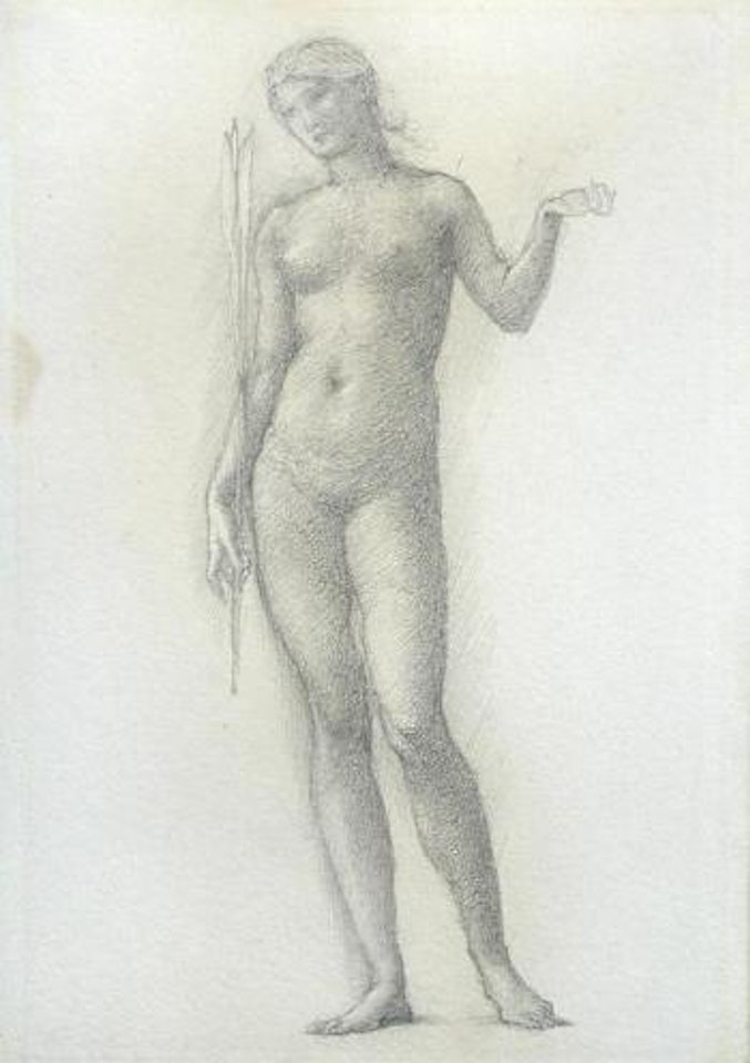Female Nude standing holding a lily - A Study for Love and Beauty - Romance of the Rose by Edward Coley Burne-Jones