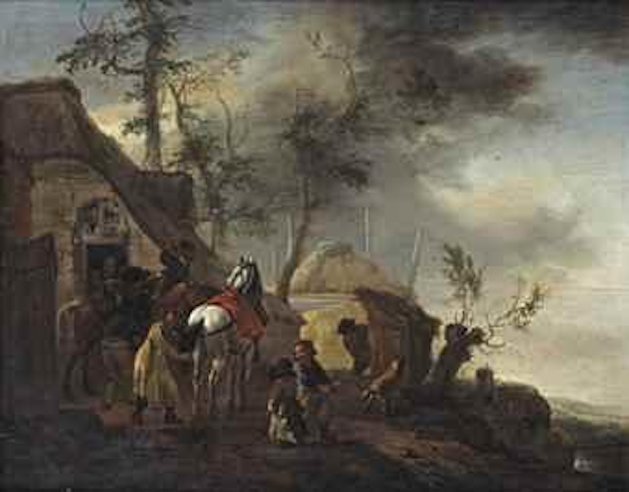 Horsemen making a halt before an inn, children riding a hobby-horse in the foreground, a haystack and a hilly landscape beyond by Philips Wouwerman