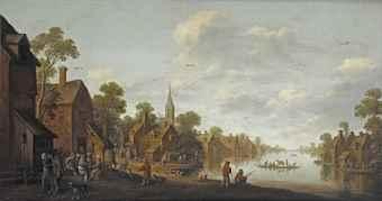 A town on a river with peasants conversing, fishing and making merry at a tavern, a ferry crossing the water by Joost Cornelisz Droochsloot