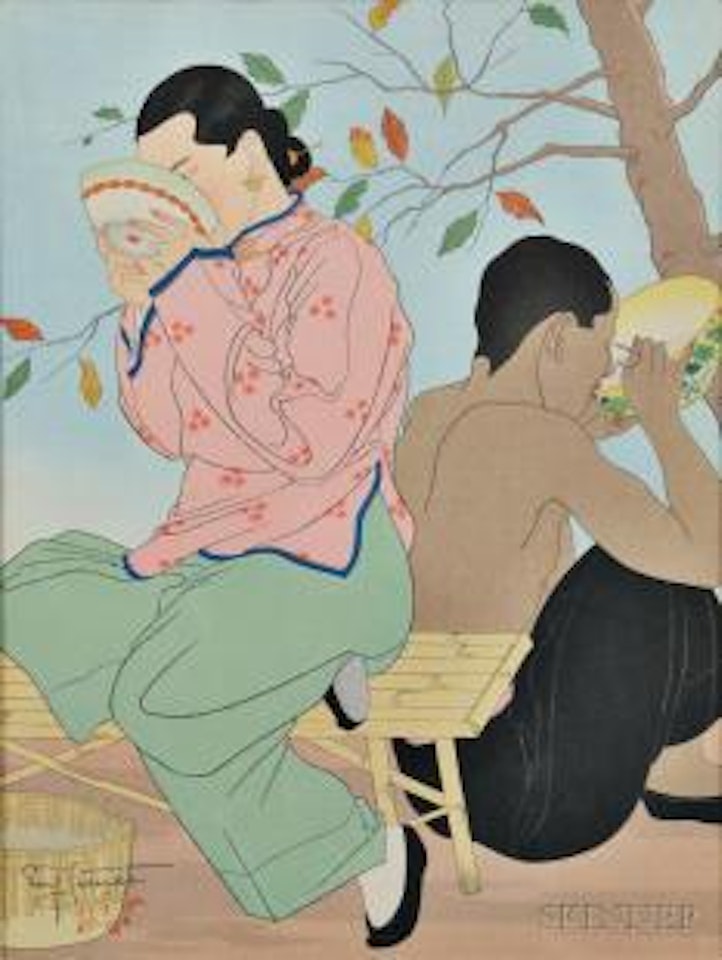A young Chinese girl and native seated beneath a tree eating noodles by Paul Jacoulet
