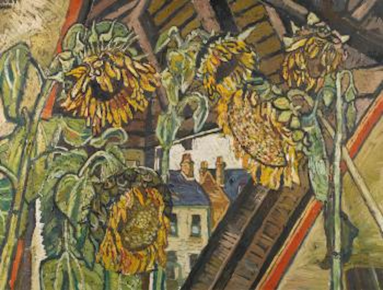 Five Sunflower faces around triangular view by John Bratby