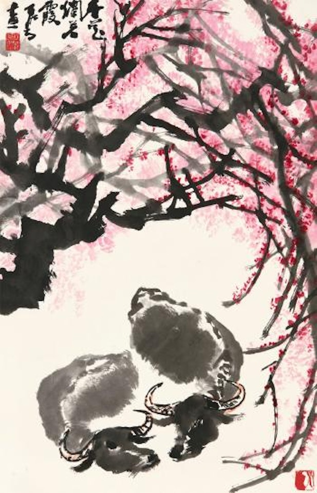 Bathing buffalos under spring blossoms by Li Keran