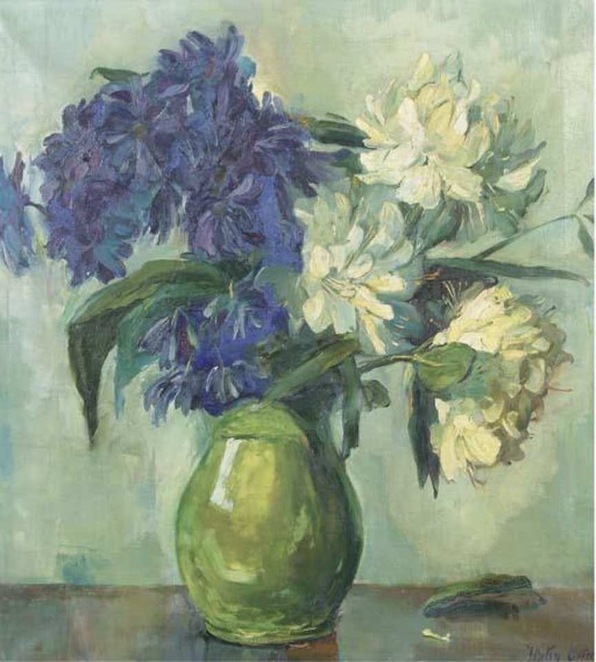 Bouquet in blue and white vase before mirror by Frans de Beul