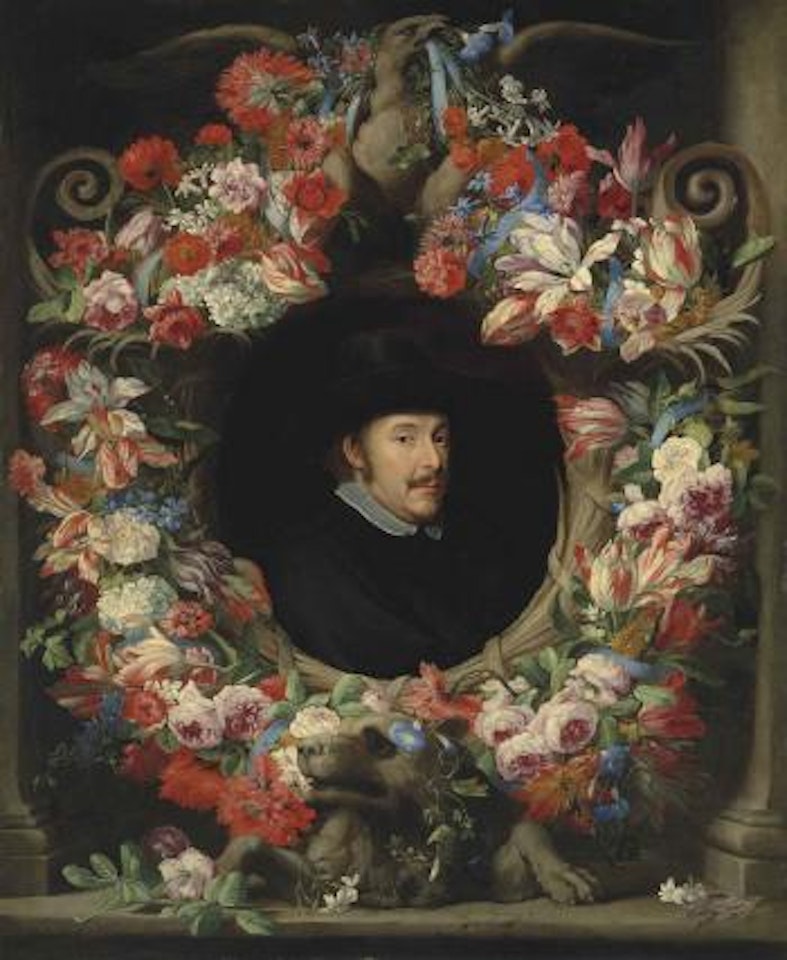 A sculpted cartouche with a garland of parrot tulips, snowballs, roses, morning glory, carnations and other flowers, surrounding a portrait of a gentleman, presumed to be Abraham Brueghel by Abraham Brueghel