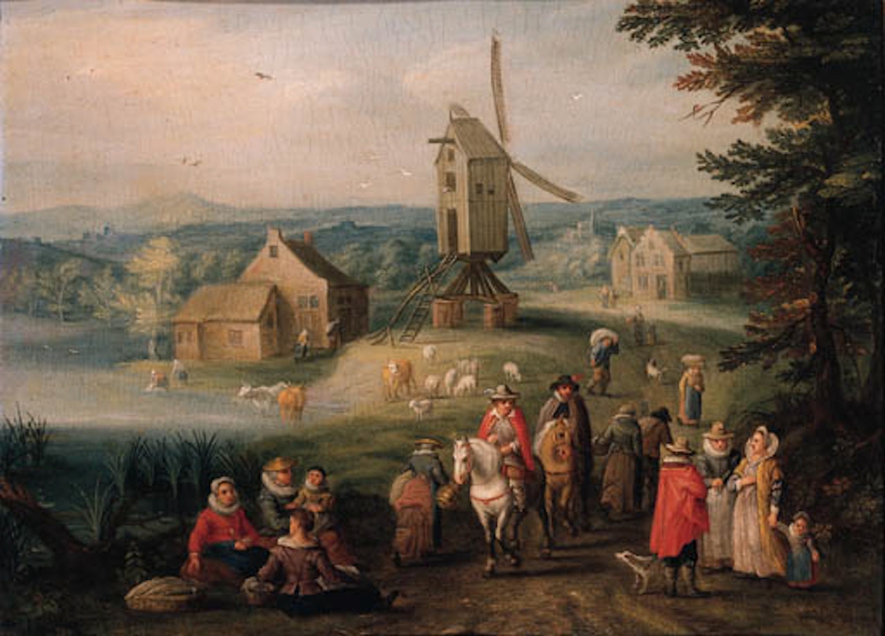Travellers and peasants on country road, windmill beyond by Karel Beschey
