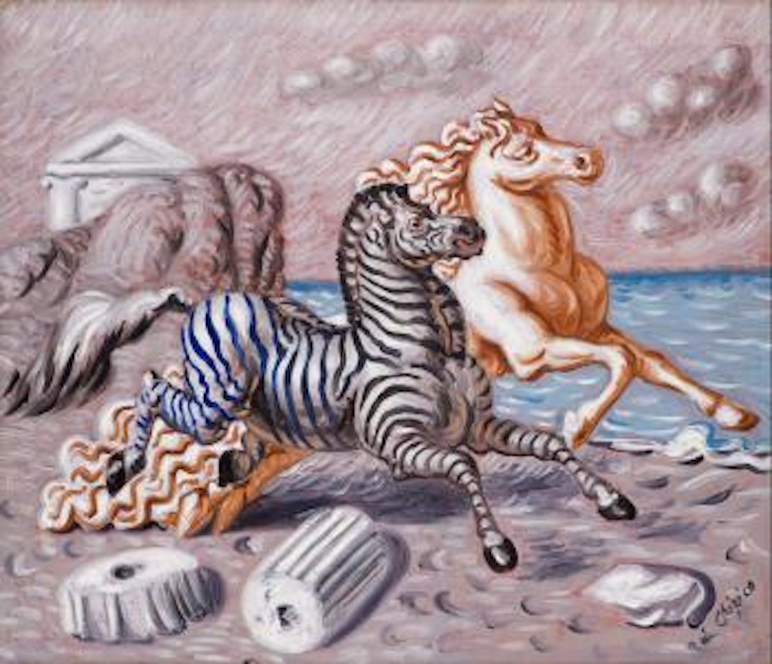 Cavallo e zebra sulla spiaggia by Giorgio de Chirico