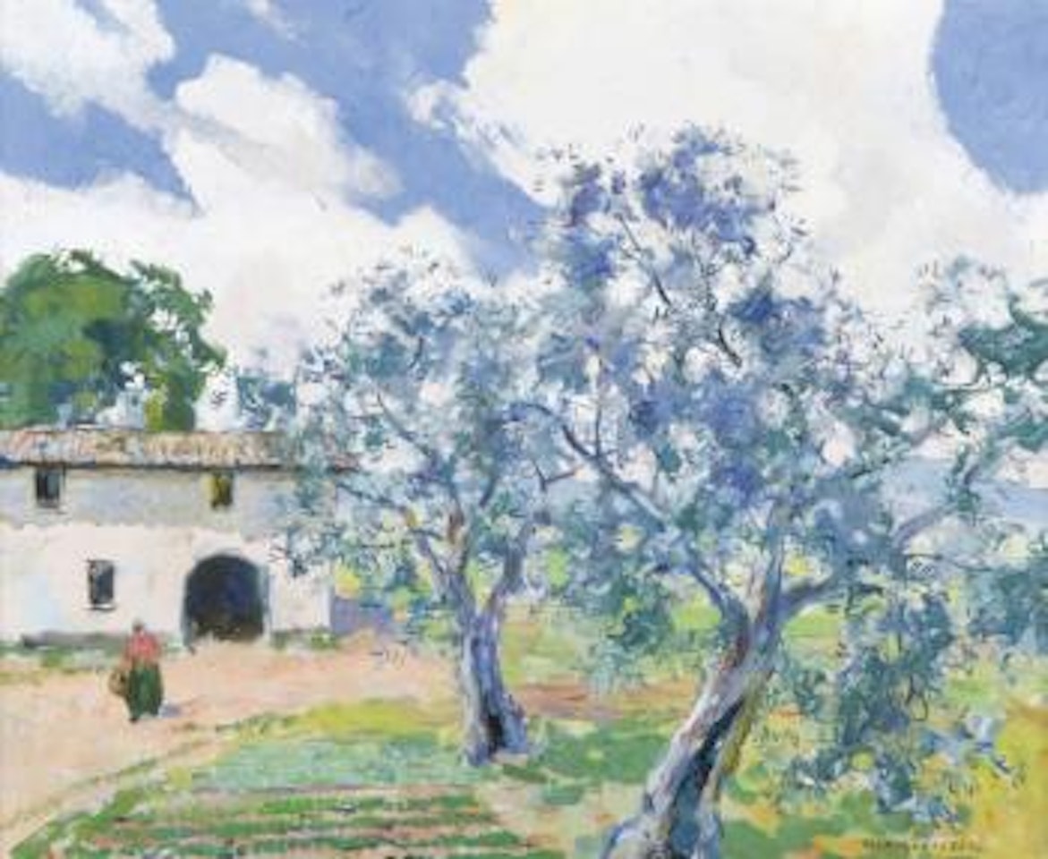 Italiensk gård med oliviträd i förgrunden by Olle Hjortzberg