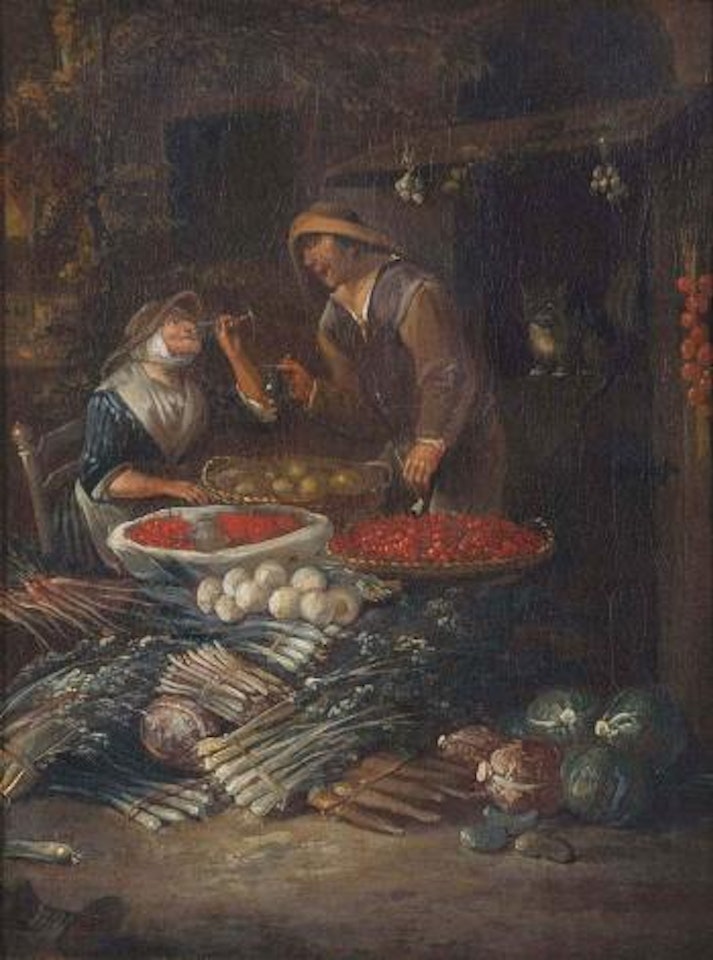 Peasants Selling Fruits And Vegetables Before a Stall by Egbert van Heemskerk III
