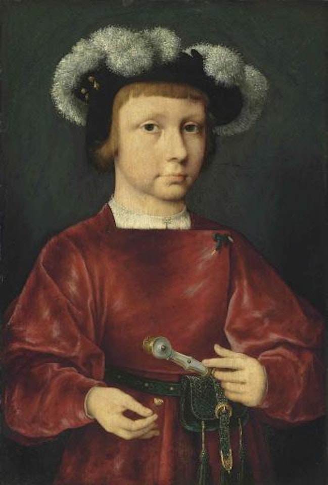 Portrait of a young nobleman, small half-length, in a crimson doublet, wearing a plumed beret, holding a daisy by Joos van Cleve