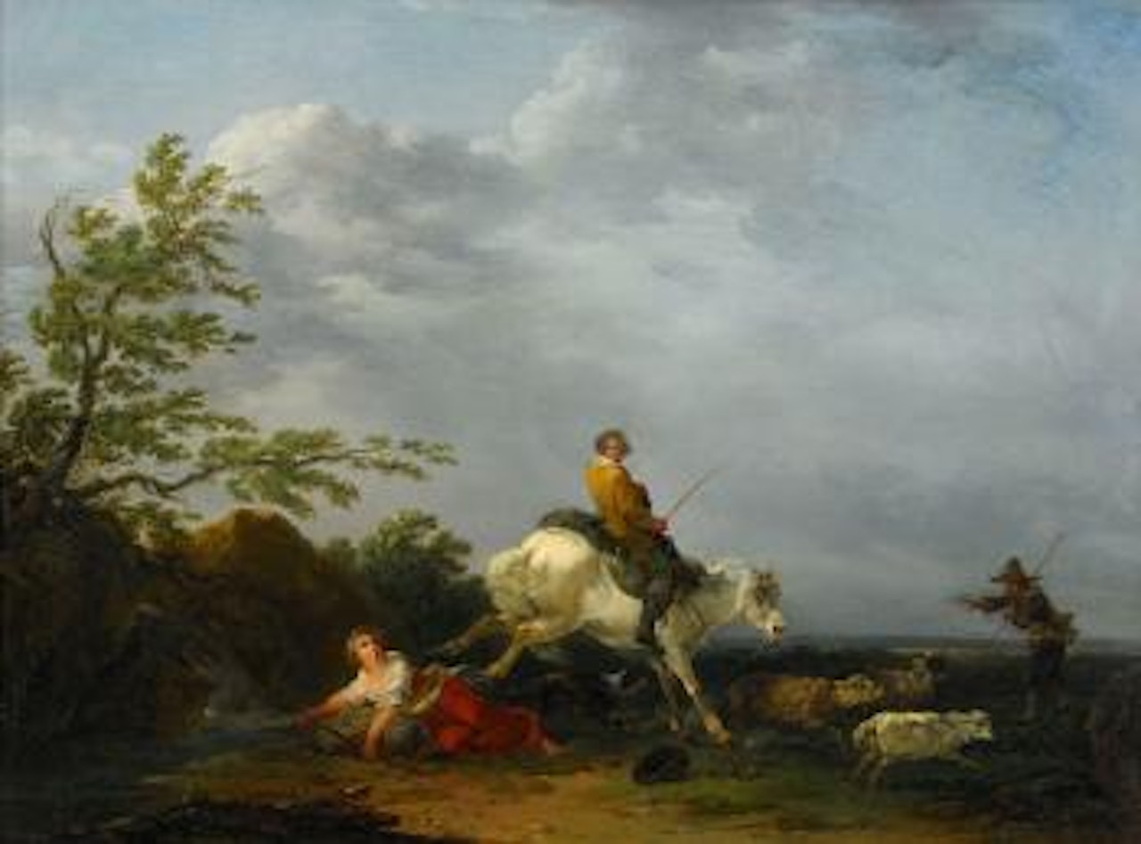 Landskap med figurer och häst som slår bakut by Francesco Giuseppe Casanova