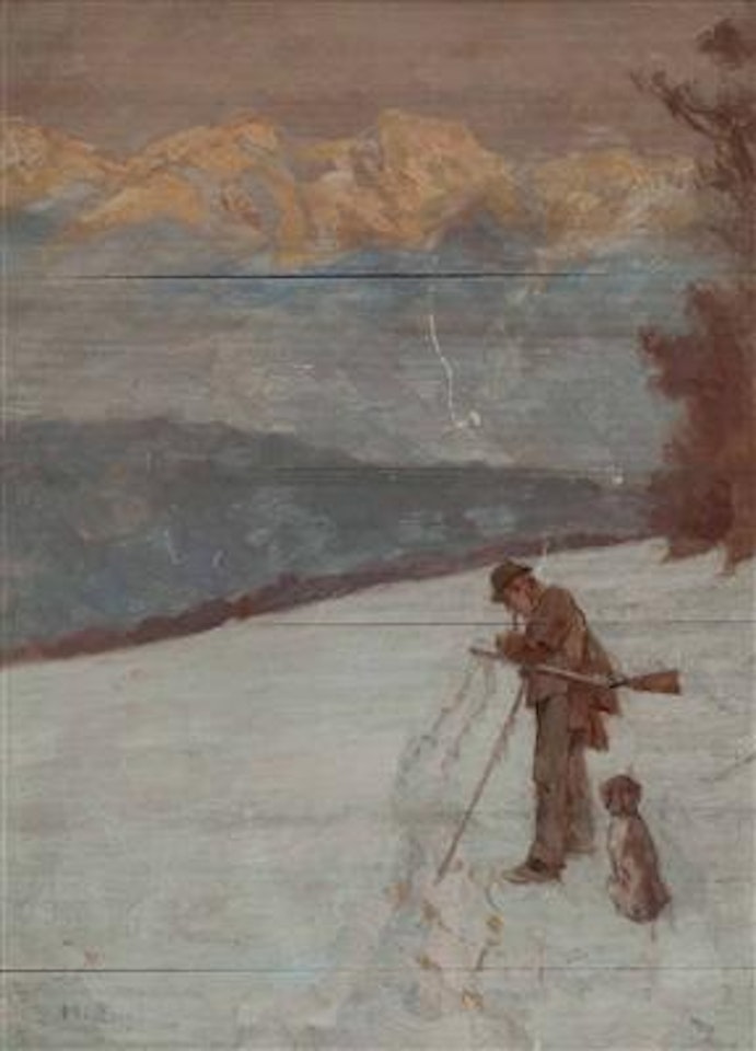 Jäger in winterlicher Landschaft mit Jagdhund by Hugo Engl