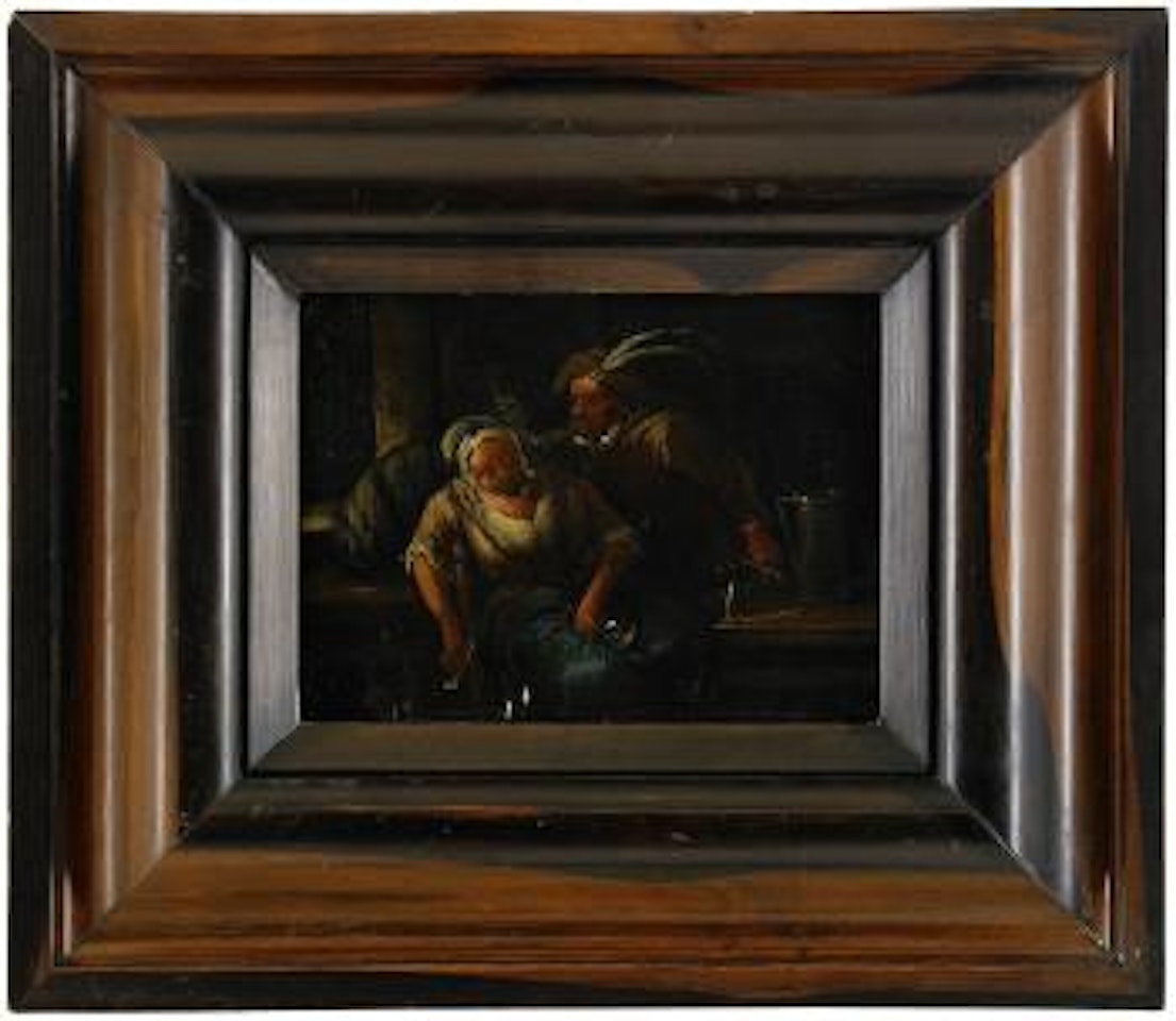 Värdshusinteriör med rökande par by Egbert van Heemskerk III