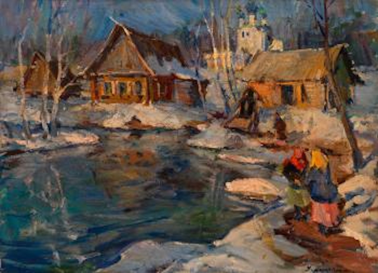 Russian village in winter by Georgij Aleksandrovic Lapschin