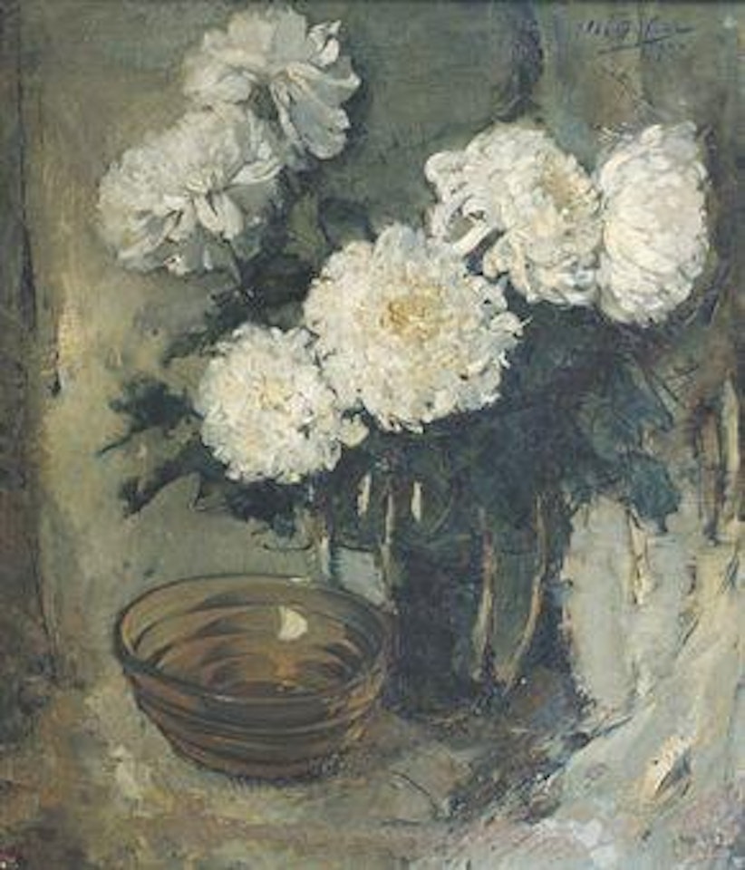 Still life of chrysanthemums and a glass bowl by Lee Man Fong