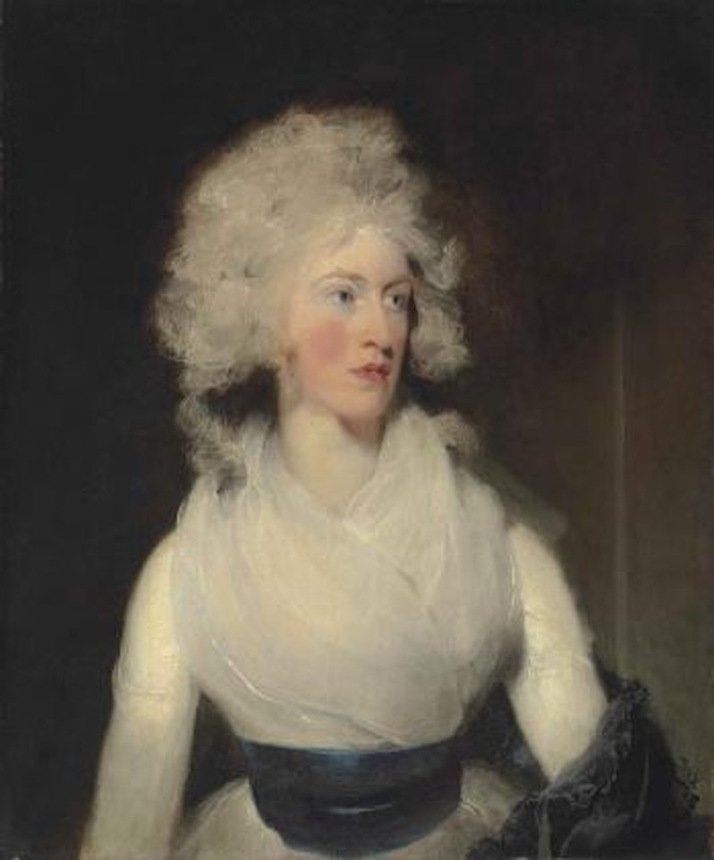 Portrait of Emily, Lady Berkeley, half-length, in a white dress with a blue sash and grey shawl by Sir Thomas Lawrence