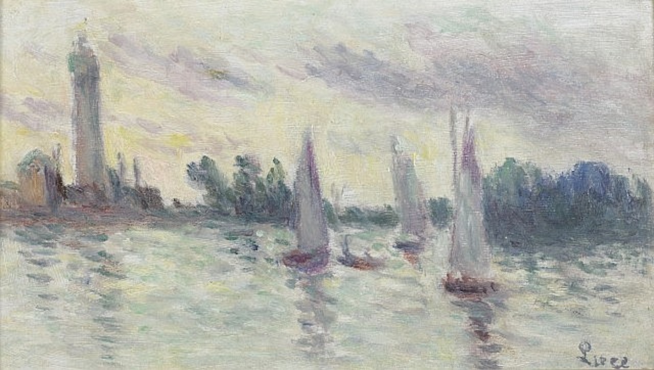 Les trois voiliers devant le phare by Maximilien Luce
