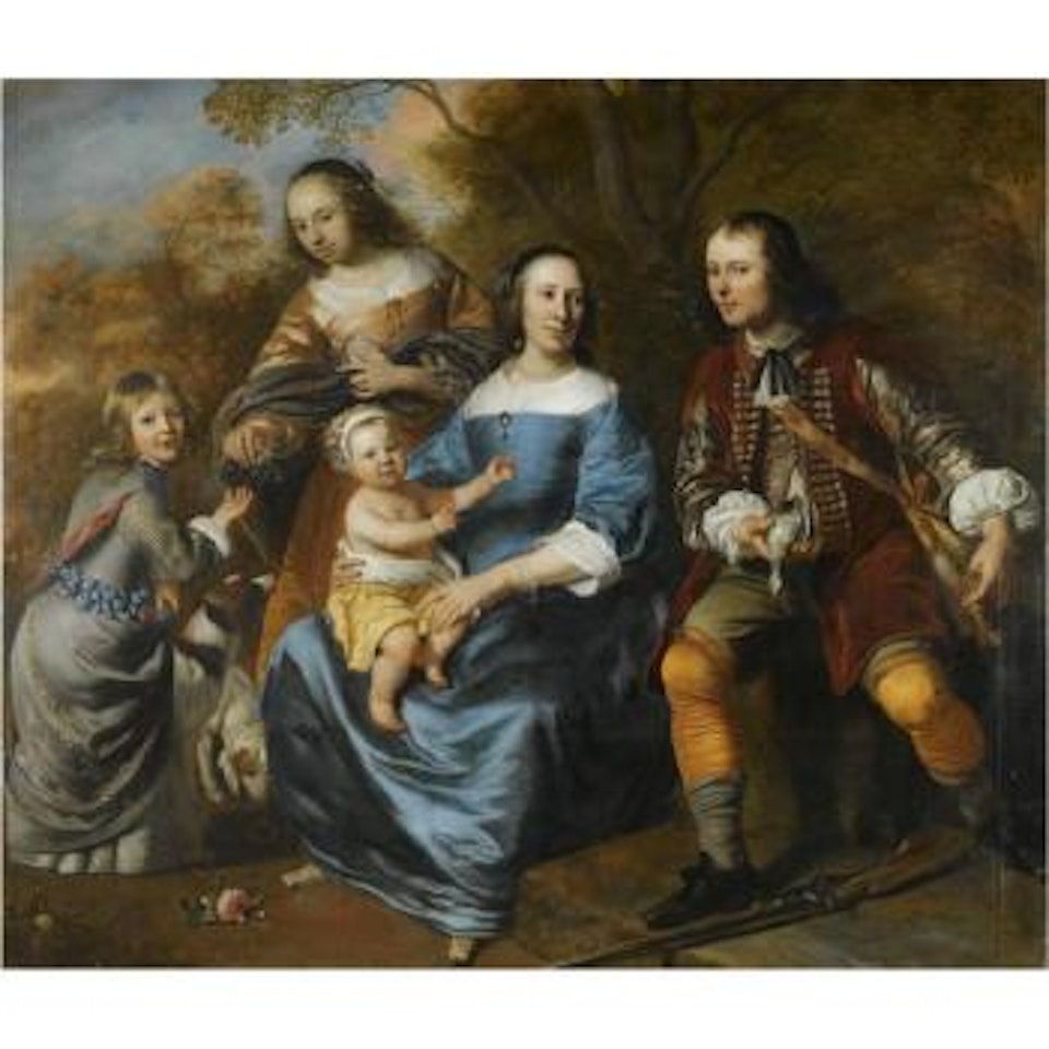Portrait Of A Family; All Full Length, A Mother Sitting, Dressed In Blue, With Three Young Children And A Young Man With A Gun, Possibly Her Husband, In A Landscape by Jacob van Loo