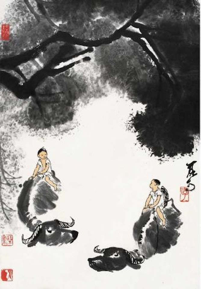 Herding buffalo by Li Keran