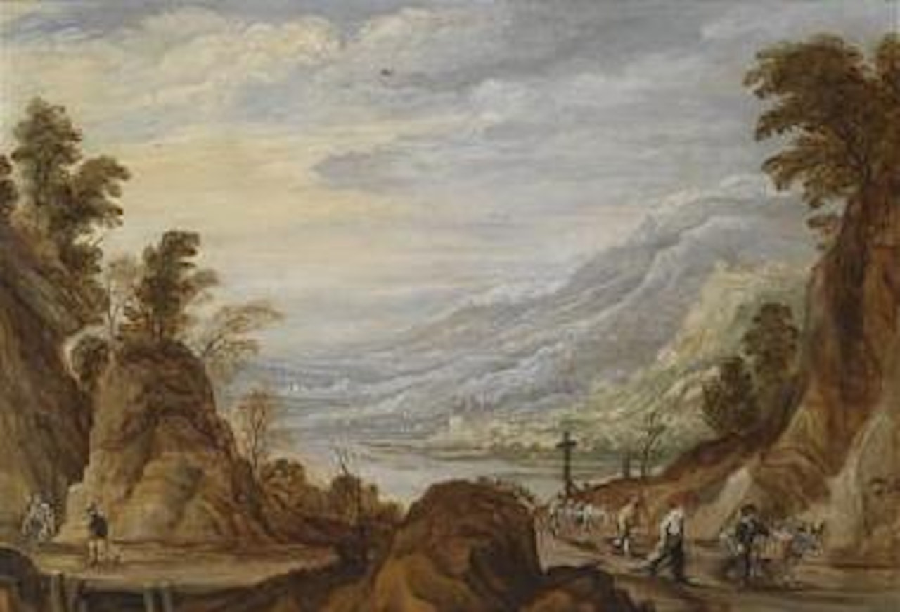 Vast mountainous landscape with travellers by Joos de Momper the Younger
