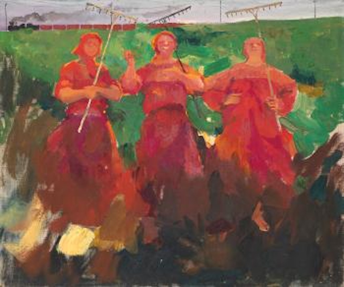 Three peasants with rakes by Filip Malyavin