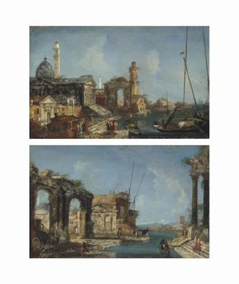 A capriccio with a Palladian church, a Roman triumphal arch and figures conversing by a canal; and A capriccio of Roman ruins, with figures conversing by a canal by Michele Marieschi