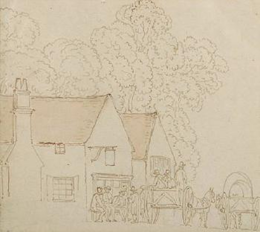 Figures outside a country inn by Thomas Rowlandson