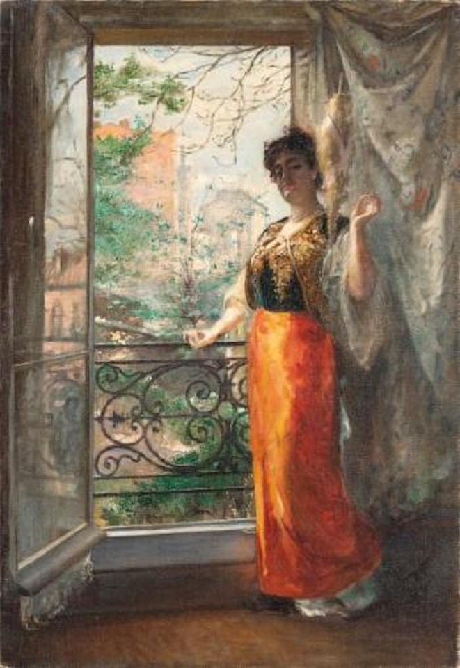 Femme à sa fenêtre, portant une robe rouge et bleue by Edouard Frederic W. Richter