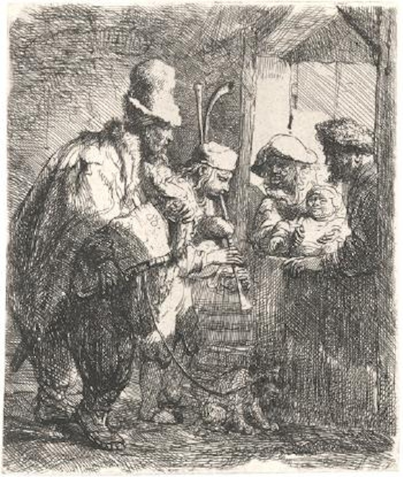 Die wandernden Musikanten. by Attributed to Rembrandt Harmensz van Rijn